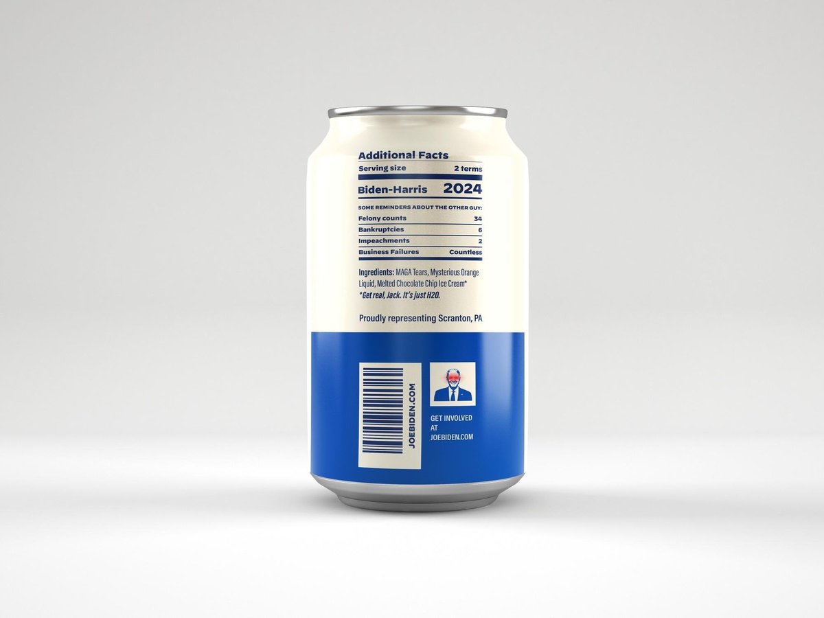 This is the back of the $4.60 can of “secret sauce” water Biden campaign is now selling, with faux ingredients 
“MAGA tears, Mysterious Orange Liquid &amp; Melted Chocolate Chip Ice Cream.” (Biden’s favorite drink is orange Gatorade &amp; his favorite ice cream flavor is chocolate chip)