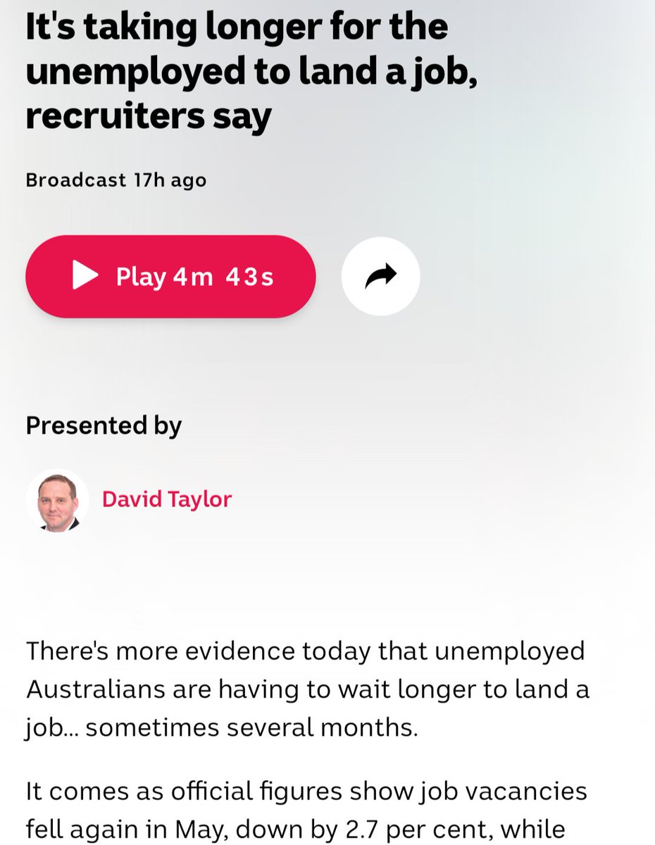 The other side of this: I've never talked to so many unemployed people who are scrambling to find work so they don't get evicted from their rental

The pressure to survive on our shitty welfare payments, in a housing crisis w/ weakening job market abc.net.au/listen/program…