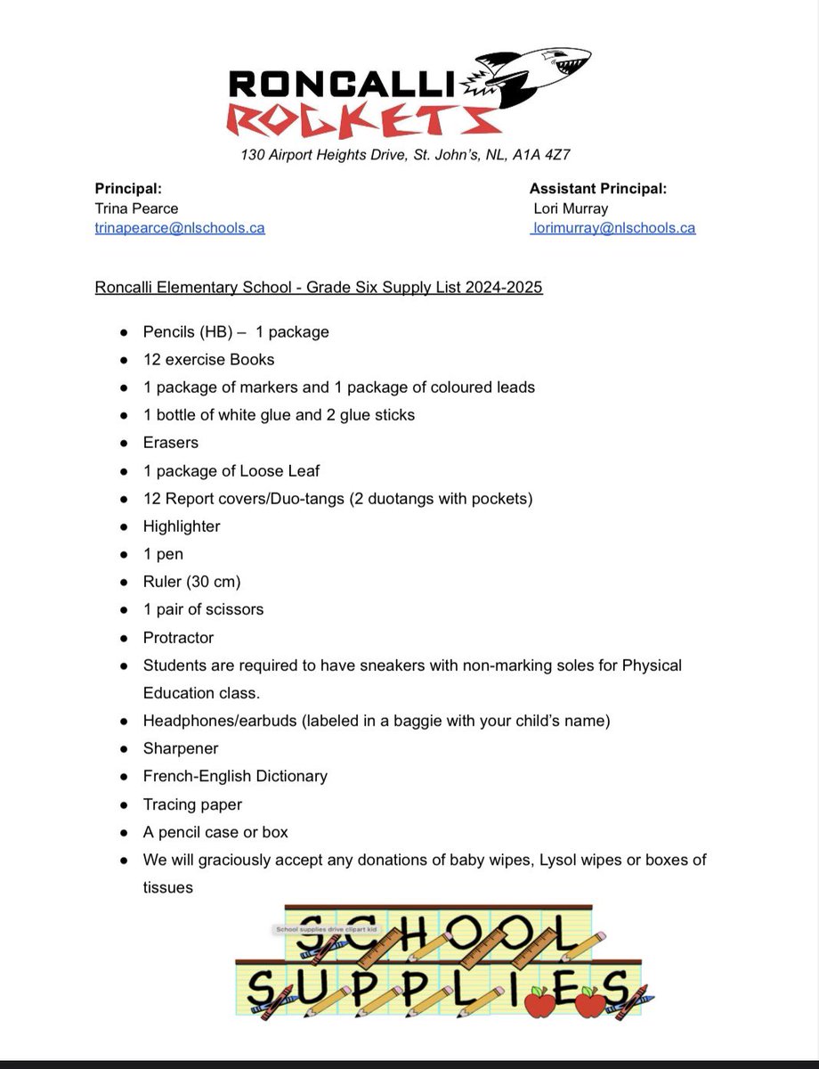 2024-2025 Grade 6 Supply List