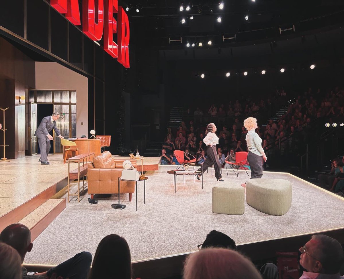 KingwoodMSDrama's tweet photo. What does this Fine Arts 🎭🎶 Director friend duo do for summer fun? We 💗supporting our Houston performing arts, particularly @alleytheatre, and from the 3rd row! #mystery #filmnoirvibes #DialM @KingwoodMSChoir #amazingtech #KMSCougarPride https://t.co/yq5XdnNYDF