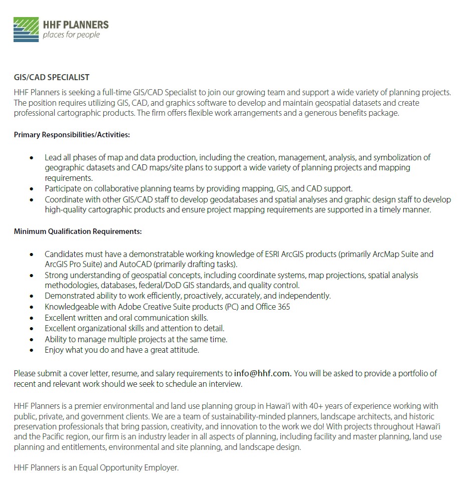 Job Opening for GIS/CAD Specialist at HHF Planners!  Please submit a cover letter, resume, and salary requirements to info@hhf.com.

@hhfplanners #job #jobopening #jobvacancy #jobannouncement