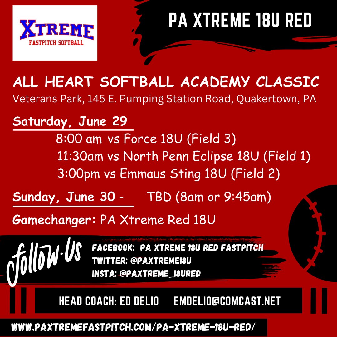 Heading to Quakertown this weekend! <a href="/PAXtreme18U/">PA Xtreme 18U Red</a> <a href="/dicknsonsftball/">Dickinson Softball</a> <a href="/GburgSoftball1/">GburgSoftball</a> <a href="/EasternEaglesSB/">Eastern University Softball</a> <a href="/SwatSoftball_/">Swarthmore Softball</a> <a href="/mulesoftball/">Muhlenberg Softball</a> <a href="/StocktonSofball/">StocktonSoftball</a> <a href="/FandMSoftball/">F&M Softball</a> <a href="/ShipSoftball/">SHIP Softball</a> <a href="/WidenerSoftball/">Widener Softball</a> <a href="/washcollsb/">WAC Softball</a> <a href="/Arcadia_SB/">Arcadia Softball</a> <a href="/HC_FordsSB/">HaverfordCollege_SB</a> <a href="/Felician_SB/">Felician Softball</a> <a href="/MercySoftballHC/">MercySoftball</a> <a href="/washjeffSB/">W&J Softball</a> <a href="/NeumannSB/">Neumann Softball</a>