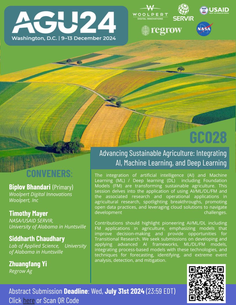 Biplov Bhandari š³šµ (@biplovbhandari) on Twitter photo š£ #AGU2024 session!
If you're using cutting-edge technologies including AI, ML, DL, or FM to advance sustainable #agriculture, we invite you to submit an abstract by July 31 to our session.
š
Session Details: tinyurl.com/agml-agu-2024
<a href="/TMayer_Science/">Tim Mayer</a> <a href="/sid4991/">Siddharth Chaudhary</a> @geonanayi <a href="/sherwang/">Sherrie Wang</a> š£ #AGU2024 session!
If you're using cutting-edge technologies including AI, ML, DL, or FM to advance sustainable #agriculture, we invite you to submit an abstract by July 31 to our session.
š
Session Details: tinyurl.com/agml-agu-2024
<a href="/TMayer_Science/">Tim Mayer</a> <a href="/sid4991/">Siddharth Chaudhary</a> @geonanayi <a href="/sherwang/">Sherrie Wang</a>