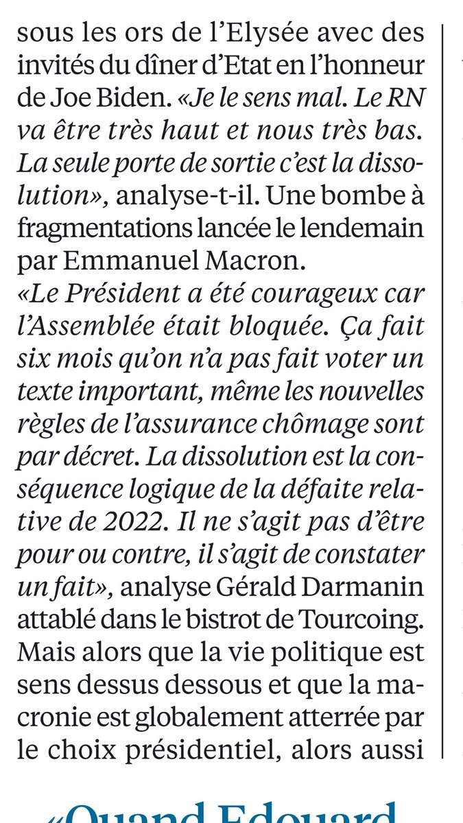 Dans <a href="/libe/">Libération</a> avec le super papier de <a href="/CChaffanjon/">Charlotte Chaffanjon</a> sur Gérald Darmanin on apprend que la géniale idée de la dissolution n’est pas venue que par ceux que Bruno Le Maire qualifie de « cloportes » (aka les conseillers de Macron).