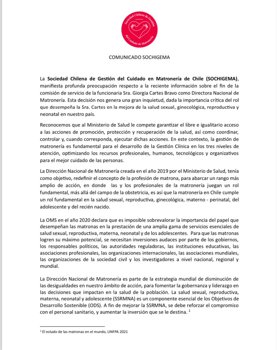 sochigema's tweet photo. COMUNICADO SOCHIGEMA manifestamos profunda preocupación respecto a la reciente información del termino de la comisión de servicio de la Directora Nacional de Matronería @ministeriosalud debe resguardar la continuidad que permita asegurar que los avances no se vean interrumpidos. https://t.co/xcJMwHjWyx