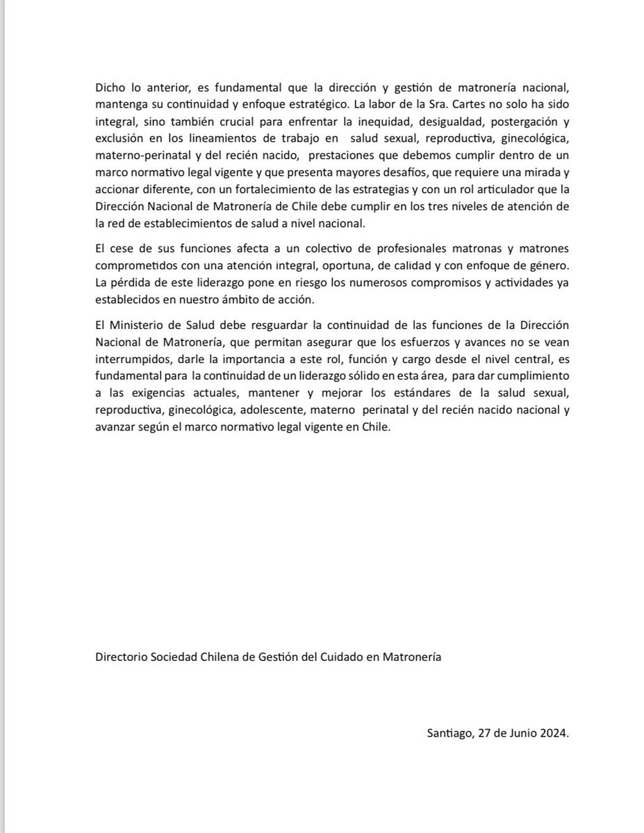 COMUNICADO SOCHIGEMA manifestamos profunda preocupación respecto a la reciente información del termino de la comisión de servicio de la Directora Nacional de Matronería <a href="/ministeriosalud/">Ministerio de Salud</a> debe resguardar la continuidad que permita asegurar que los avances no se vean interrumpidos.