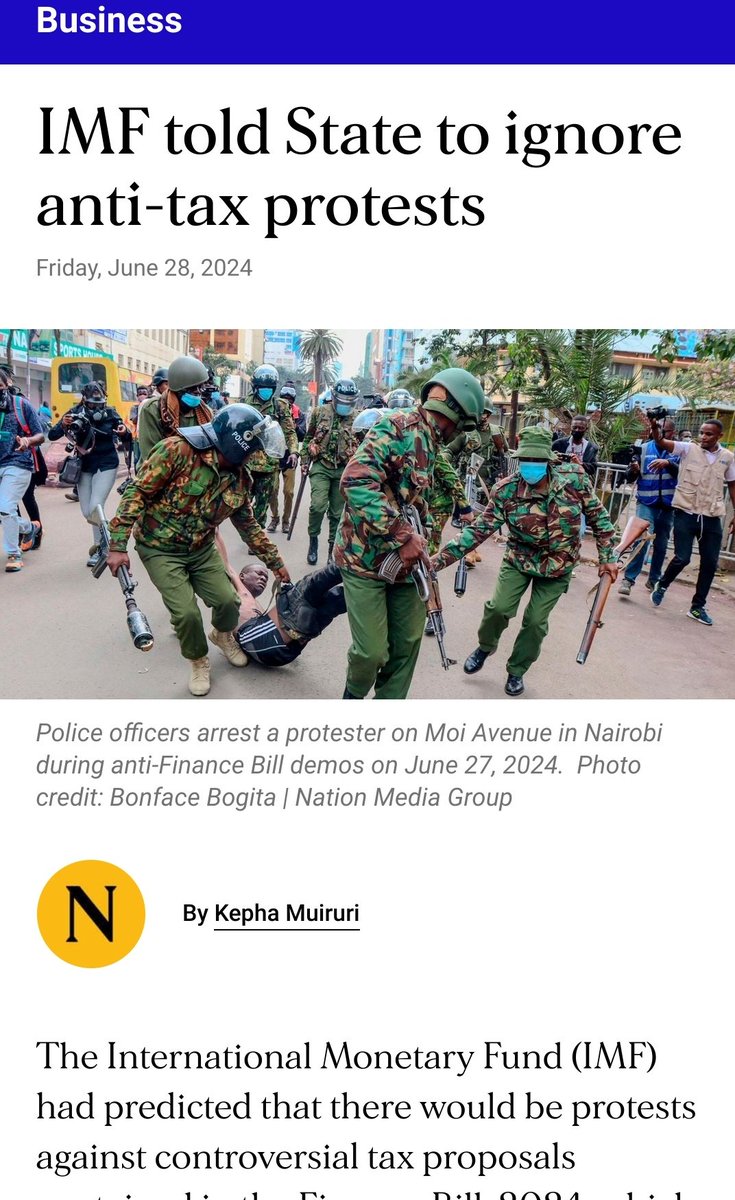 johnnjenga's tweet photo. The IMF told the Government of Kenya to Ignore anti-tax protests. The IMF asked the Kenya Government to stand firm regarding the new revenue-raising measures. The IMF predicted that the risk of protests would be "medium". Now, many people are dead, maimed, injured, business lost. https://t.co/js7zarTWB3