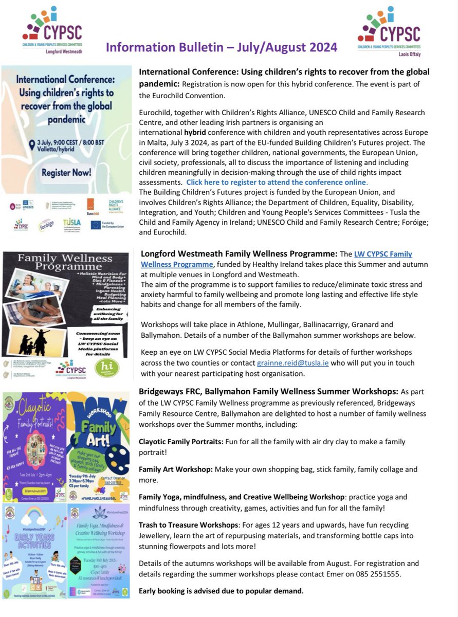 CypscLw's tweet image. Check out the latest Midlands CYPSC Update filled with local &amp;amp; national resources &amp;amp; events including Summer programmes, family wellness workshops, resources for parents for school transitions to primary and post- primary and lots more! 

#CYPSC  

bit.ly/3W0eLWF