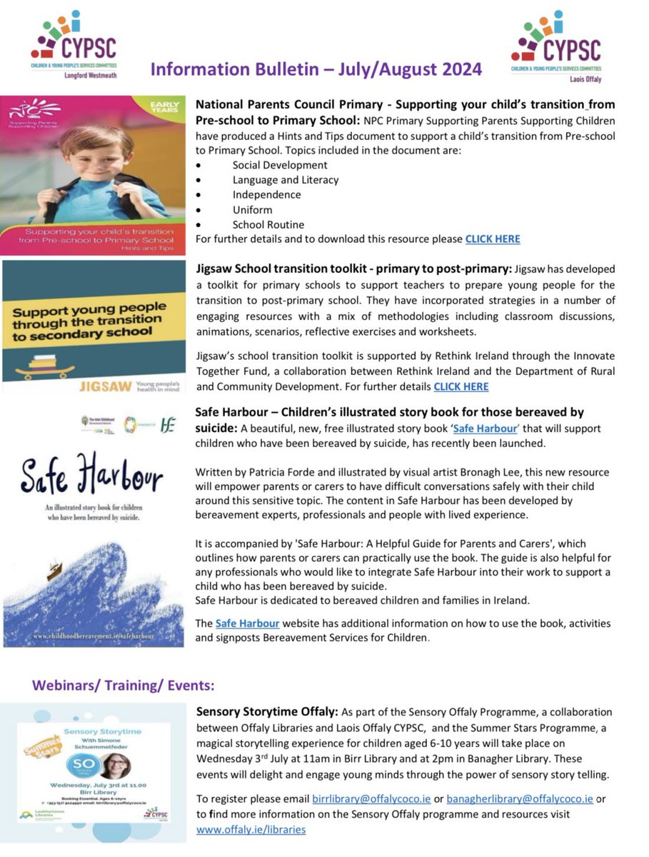 CypscLw's tweet image. Check out the latest Midlands CYPSC Update filled with local &amp;amp; national resources &amp;amp; events including Summer programmes, family wellness workshops, resources for parents for school transitions to primary and post- primary and lots more! 

#CYPSC  

bit.ly/3W0eLWF