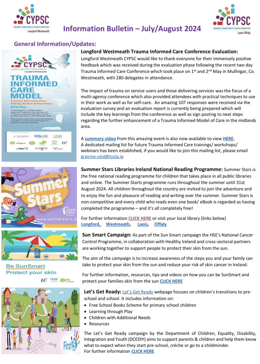 CypscLw's tweet image. Check out the latest Midlands CYPSC Update filled with local &amp;amp; national resources &amp;amp; events including Summer programmes, family wellness workshops, resources for parents for school transitions to primary and post- primary and lots more! 

#CYPSC  

bit.ly/3W0eLWF
