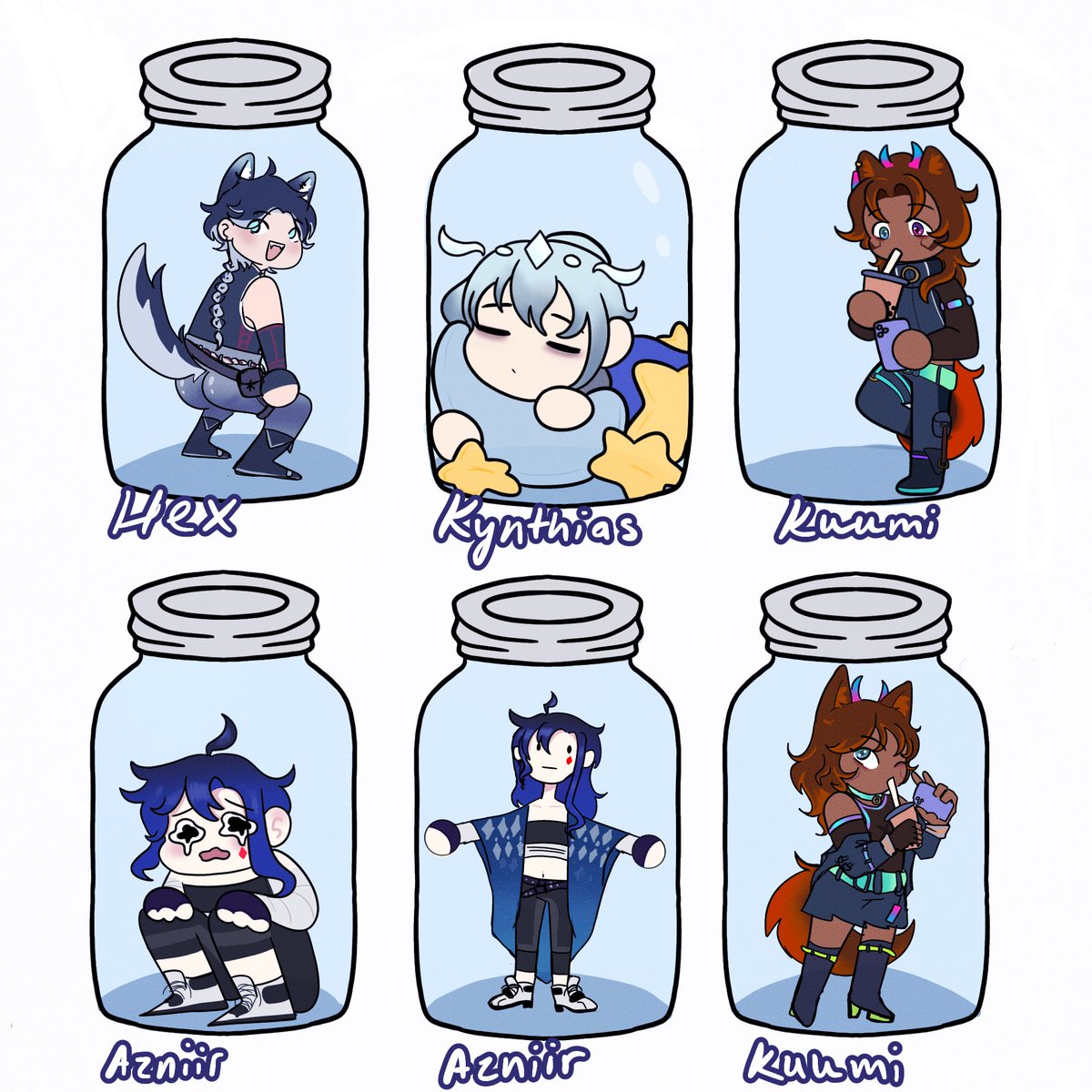 dadecksilver's tweet photo. My (wholesome) Jar collection :) I love doodling the people who make my day more enjoyable with their silliness 

 Go check them out! 👁👄👁🫵

#Aznillust #Hexistry #KuumiJPEG https://t.co/No1tMjOVOY