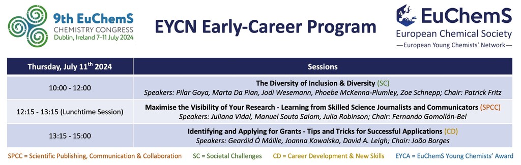 🌟 Join us on the final day of the EYCN Early-Career Program at #ECC9! 🌟

Diversity and inclusion, research visibility, and grant applications in Chemistry will be the topics during our sessions on this day. See you there! 🌱🔬

#EYCN #ECC9

<a href="/EuChemS_Congres/">10th EuChemS Chemistry Congress</a> <a href="/EuChemS/">EuChemS</a>