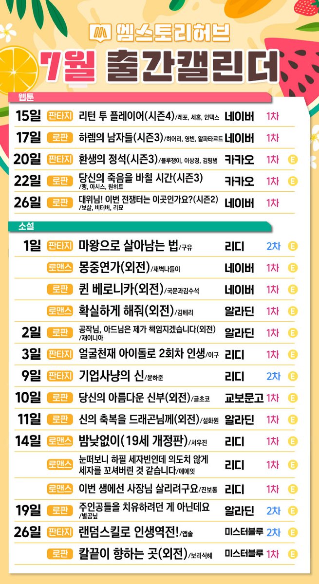 ☀️ 7월 출간작 공개!!🍉

엠스토리허브 7월 신작 한눈에 보기(*☌ᴗ☌)｡*ﾟ
7월에도 많은 사랑 부탁드립니다!

🔸작품 출간일이 변동될 수도 있는 점 참고 부탁드립니다.

#웹툰캘린더 #소설캘린더 #7월신작 #신작캘린더 #출간캘린더 #캘린더 #웹툰 #웹소설