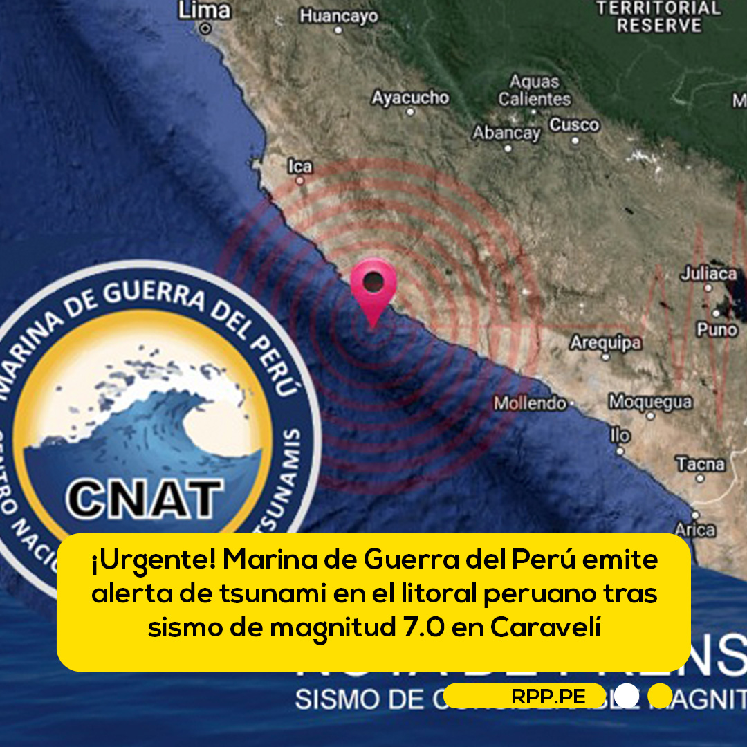 RPPNoticias's tweet photo. 🔴 #LOÚLTIMO: Marina de Guerra del Perú emite alerta de tsunami en el litoral peruano tras sismo de magnitud 7.0 en Caravelí, Arequipa.

📲 Más información en https://t.co/ZKe1kd3ev6 https://t.co/6dyRXF7hlB
