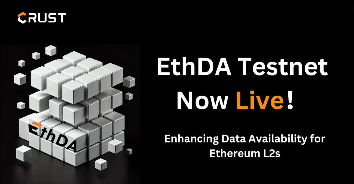 CrustNetwork's tweet image. 🎉We&apos;re thrilled to announce the official launch of the EthDA Testnet! 
EthDA enhances #DataAvailability (DA) for Ethereum L2s, reducing costs and congestion with EIP-4844. 
Dive in and explore seamless DA solutions⬇️