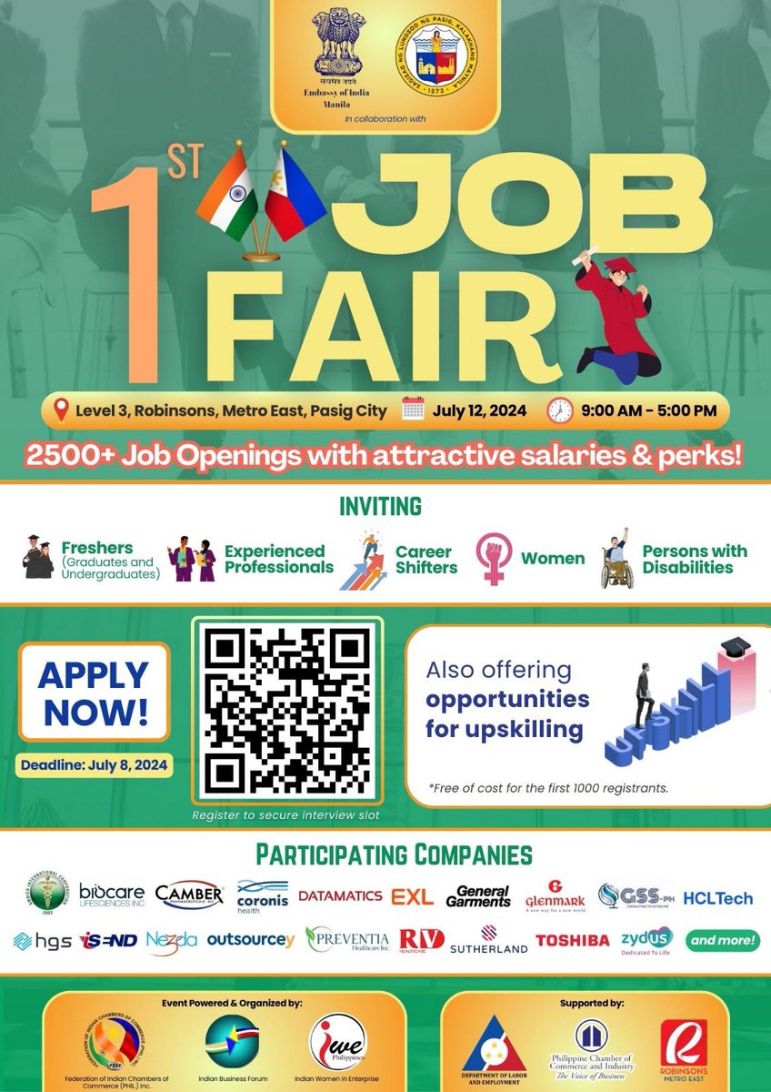 <a href="/indembmanila/">India in Philippines</a> is organizing the 1st ever 🇮🇳-🇵🇭 Job Fair on 12 July 2024 (Friday) at Pasig City in partnership with <a href="/PasigInfo/">Pasig Info</a>, <a href="/IBFPhilippines/">India Business Forum Philippines Association, Inc.</a>, <a href="/IndianWomeninE1/">Indian Women in Enterprise</a>, <a href="/FicciPh/">FICCI Philippines</a>, and with support from <a href="/dole_govph/">Department of Labor and Employment</a> &amp; <a href="/phil_chamber/">Philippine Chamber of Commerce and Industry</a>. 2500+ jobs in Philippines &amp; 1200 up-skilling
