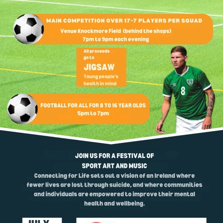 Looking forward to these 2 events next week with 3 evenings of football and a huge amount of activities with @connectingforlife -a range of many different services across Tallaght coming together to promote mental health and well being. Please feel free to share🙏