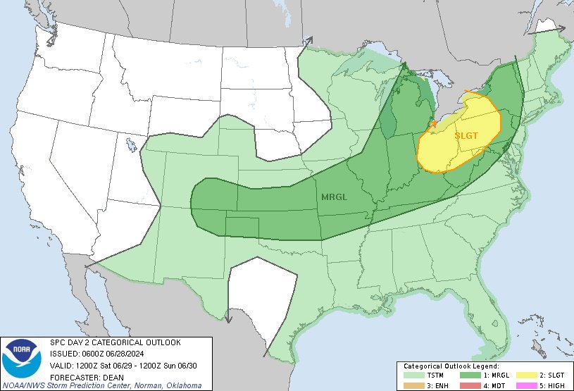 NWSSPC's tweet photo. 1:04am CDT #SPC Day2 Outlook Slight Risk: for parts of OH/PA into northern WV and western NY https://t.co/Y1WiOd8TQQ https://t.co/oSvI1n6dmU
