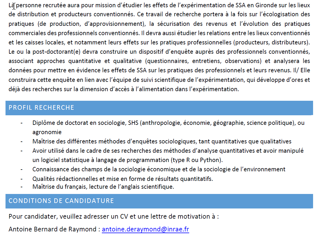 Vous vous intéressez aux liens entre protection sociale, production et écologisation? 
Cette offre est pour vous!

Post-doctorat - 18 mois: Expérimentation de Sécurité Sociale de l'Alimentation et écologisation des filières agroalimentaires - Université de Bordeaux