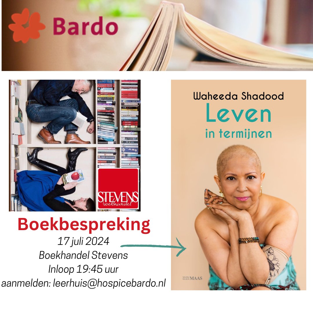 𝐓𝐈𝐏!!
𝐁𝐚𝐫𝐝𝐨 𝐋𝐞𝐞𝐬𝐭 
 
Op 17 juli 2024 bespreekt boekenclub Bardo 𝘓𝘦𝘷𝘦𝘯 𝘪𝘯 𝘛𝘦𝘳𝘮𝘪𝘫𝘯𝘦n in het bijzijn van de auteur, Waheeda Shadood, bij boekhandel Stevens. Hoe leef je met een levensbedreigende ziekte? Mis het niet libris.nl/stevens/
