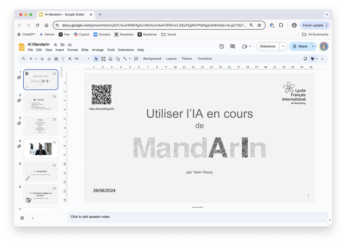 Dernière formation effectuée au lycée français de Hong Kong sur l'IA et l'enseignement du mandarin. Encore une fois, j'ai pris un plaisir fou à la préparer, faire, partager. Période incroyable pour l'enseignement !
docs.google.com/presentation/d…