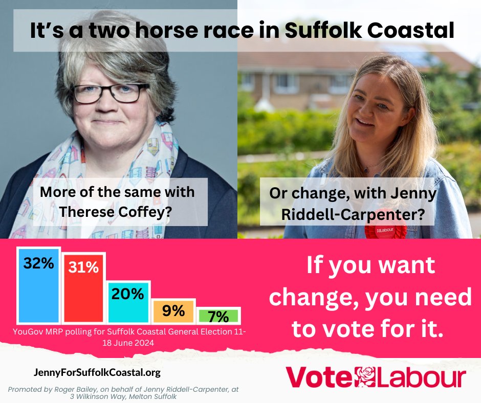 Jenny Riddell-Carpenter MP (@jenny4suffcoast) on Twitter photo On the 4th July, for the first time in my life - and probably yours - we can see change in Suffolk Coastal. But you'll need to vote for it.
It's a two horse race, which is why <a href="/BestForBritain/">Best for Britain</a> and all other sites are recommending you vote Labour if you want to see change here. On the 4th July, for the first time in my life - and probably yours - we can see change in Suffolk Coastal. But you'll need to vote for it.
It's a two horse race, which is why <a href="/BestForBritain/">Best for Britain</a> and all other sites are recommending you vote Labour if you want to see change here.