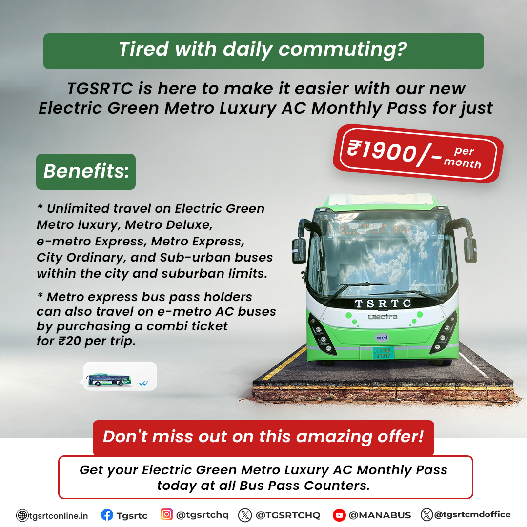 TGSRTCHQ's tweet photo. Get your TGSRTC Electric Green Metro Luxury Ac Monthly Pass for Just Rs .1900/- per month Now.
.
.
.
#tsrtc #tsrtcbuses #publictransport #acbuses #rajadani #metrobuses #pushpak #lahari
#publictransportation #transportation #transport #tsrtcapp #DownloadNow https://t.co/ZutldwsXtW