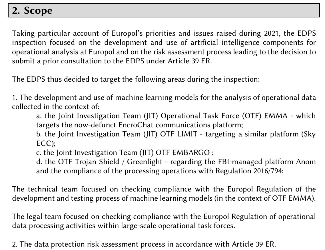 #Encrochat news.  It’s about time Europol was dragged into courts to answer questions on what they did after using AI to go through #Encro #SkyECC &amp; #AN0M data. More importantly how does the lack of hash values &amp; not keeping data for the first week fit into EDPS “inspection”