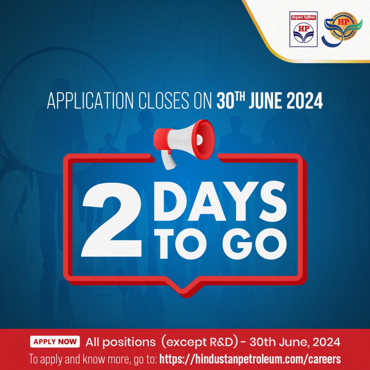 HPCL's tweet image. Final Call! 

Only 2 Days Left to Apply for Exciting Opportunities at HPCL!
 
#HPCLJobs #Opportunities #CareerAlert
