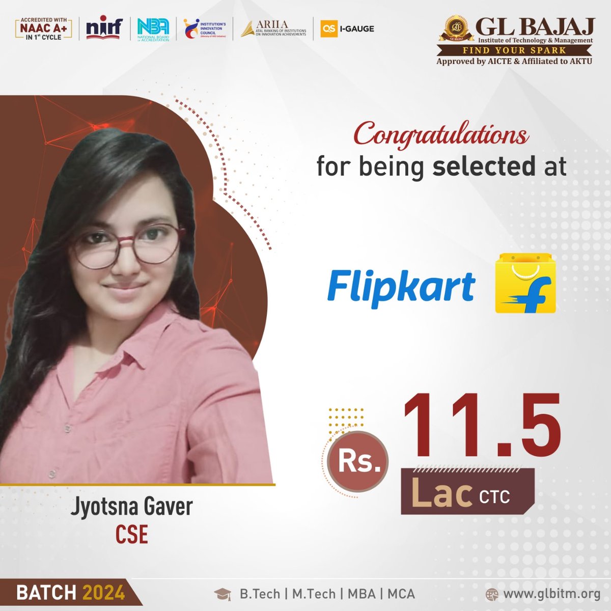 glbajaj's tweet photo. Jyotsna Gaver, an outstanding student of https://t.co/HcPhrKLBIS (#CSE)Batch 2024, of #GLBajaj (#GLBITM) has secured a stunning #Placement through a campus recruitment drive at @flipkart at a dream package of Rs. 11.5 LPA.
#campusplacement #studentplacement #topBtechcollege https://t.co/OLtGB1ZiIC