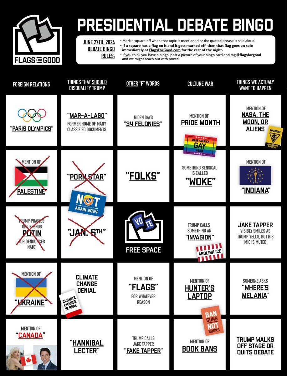 Here's our #DebateNight bingo card at the first commercial break. Many flags are already on sale at flagsforgood.com. 

Did Biden say "Folks"? I may have missed it.