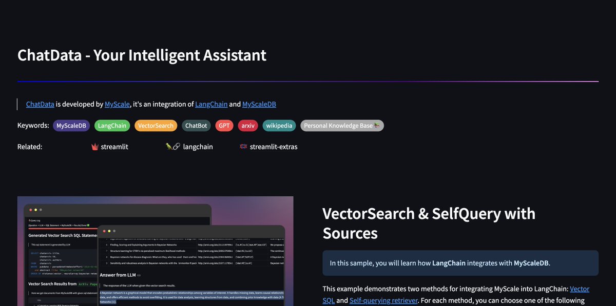 MyScaleDB's tweet image. Exploring the end-to-end RAG #chatbot solution? You can’t miss ChatData! What you can do:
“Chat” with @arxiv and Wikipedia
Upload the file to craft your own knowledge base
Experience both #Text2SQL and vector queries
ALL these are achieved using @LangChainAI and @MyScaleDB!
Try…