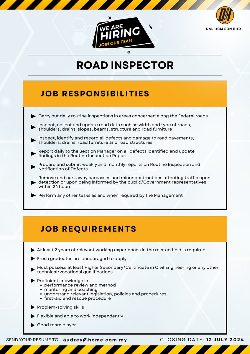 🚧 JOB VACANCY 🚧

Come and be a part of DAL HCM Sdn Bhd, a concessionaire for Federal road maintenance works across Sarawak!

Refer poster for more details.

Please share and help spread the word! 🤝