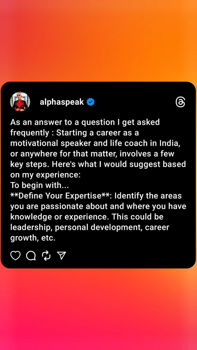 alphaspeakX's tweet image. As an #answer to a question I get asked frequently : Starting a #career as a #motivational #speaker and #life #coach in #India, or anywhere for that matter, involves a few key steps. Here's what I would suggest based on my experience:
To begin with... 
**Define Your Expertise**