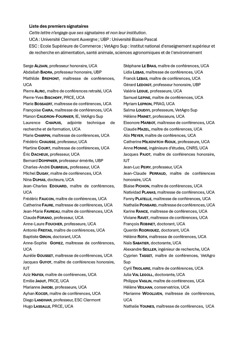 L'Appel des universitaires clermontois en faveur du Nouveau Front Populaire.
Contre le RN et pour un nouveau contrat social.
#NouveauFrontPopulaire 
<a href="/MarianneMaximi/">Marianne Maximi</a> <a href="/NicolasBonnet63/">Nicolas Bonnet</a> <a href="/AndreChassaigne/">André Chassaigne</a> <a href="/ValerieGoleo/">Valérie Goléo</a> 
<a href="/cpiresbeaune/">Ch. Pirès Beaune</a> 
<a href="/olivierbianchi1/">Olivier Bianchi</a> 
<a href="/lamontagne_fr/">La Montagne</a> 
<a href="/SnesupFsu/">SNESUP-FSU</a>