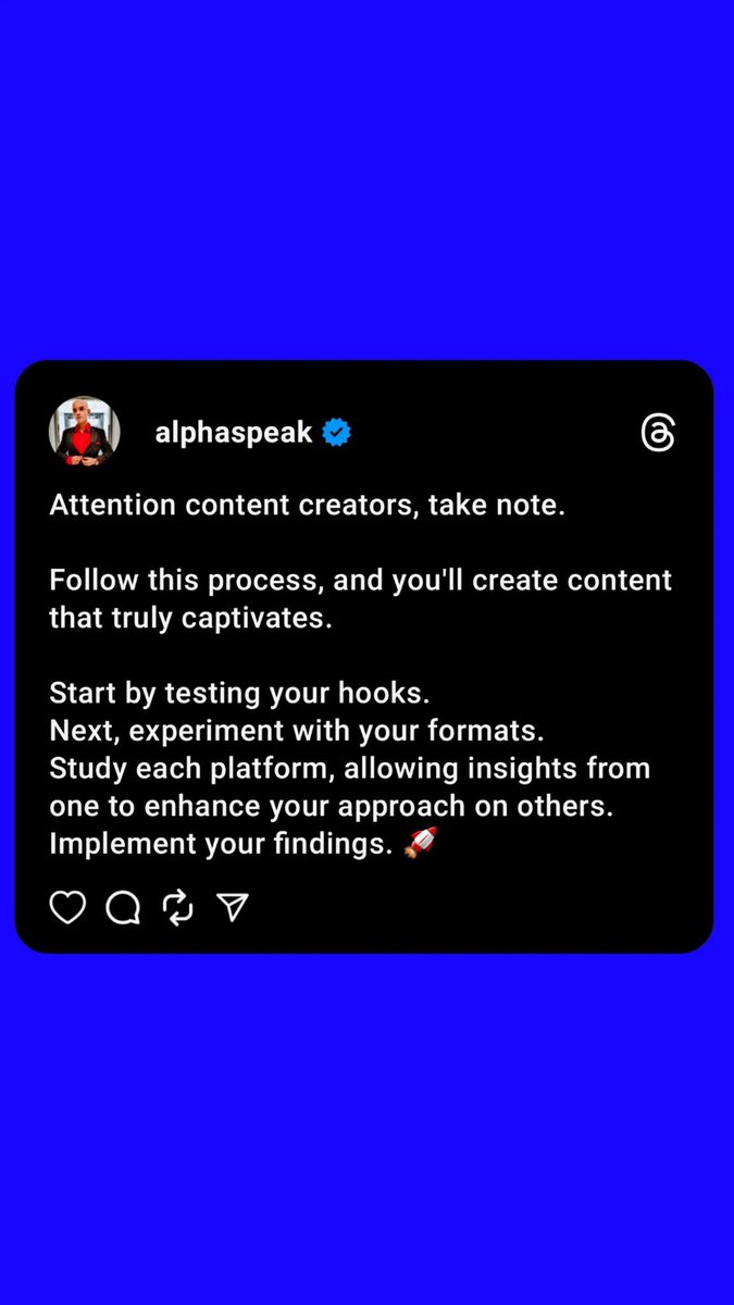 alphaspeakX's tweet image. Attention content creators, take note.

Follow this process, and you'll create content that truly captivates.

Start by testing your hooks.
Next, experiment with your formats.
Study each platform, allowing insights from one to enhance your approach on others.
Now Implement 🚀