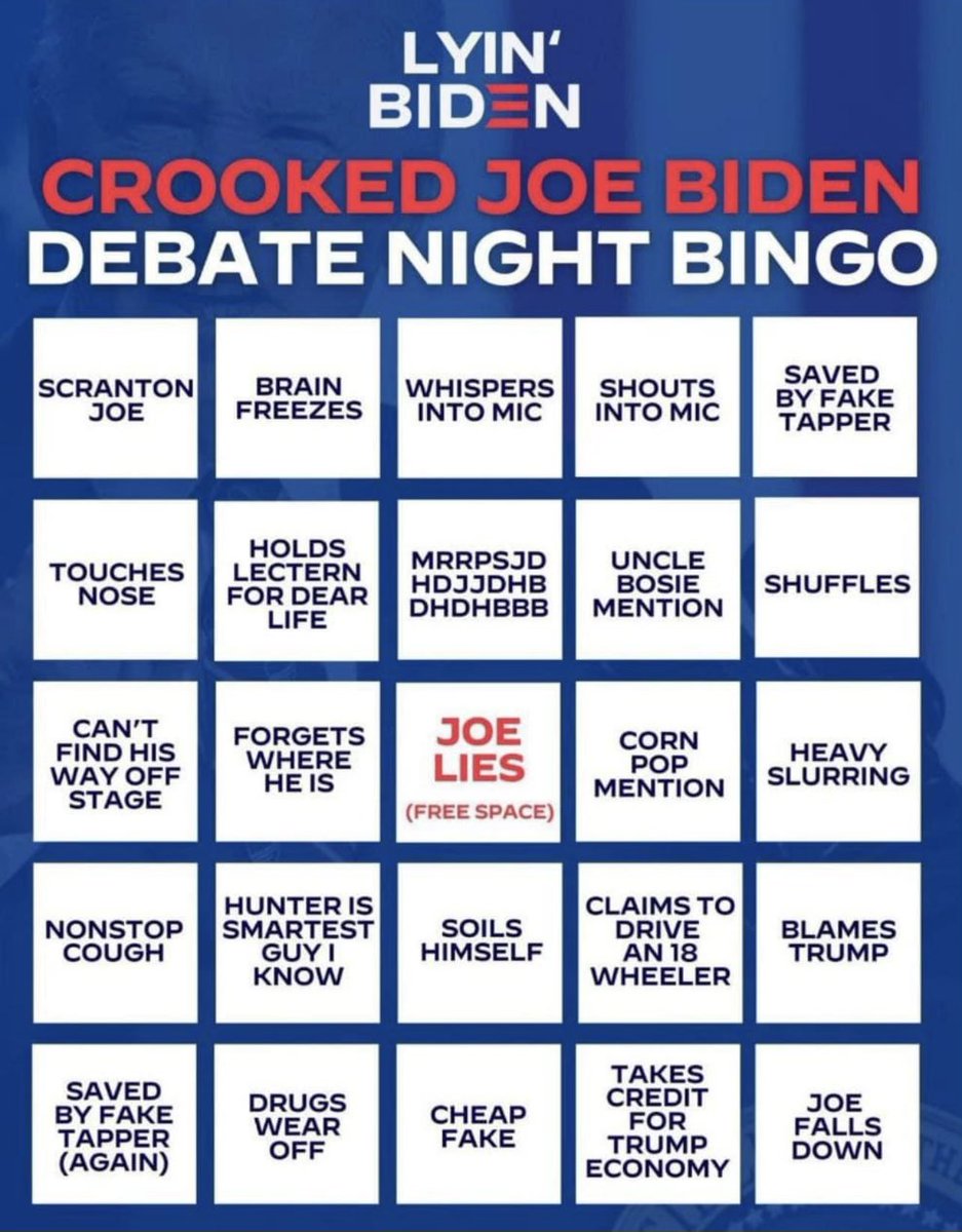 PinkBuckDesigns's tweet photo. #debates2024 Poor Joe Biden 🥲 elder abuse at its finest. Trump has secured that bag. And on that note …. BINGOOOO https://t.co/x9lJ1wRM9Y