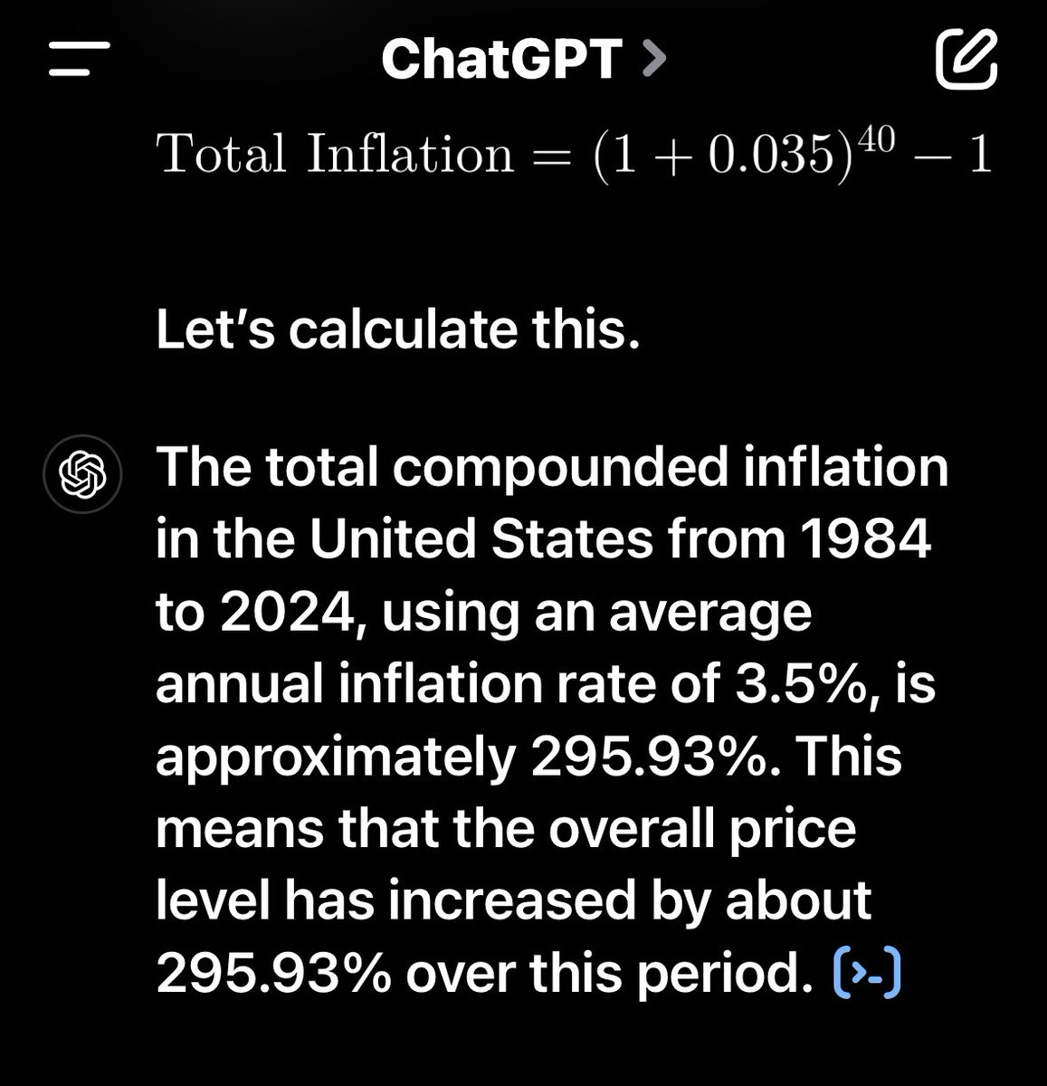 GeeTeeM3's tweet photo. @BentleyBradt @MichaelDChaney @kandybat @MarketPalmer_ @dillanroytaylor Compounding interest as a % for tips? If you started tipping at 15% 40 years ago and increased that rate by an average annual inflation rate of 3.5%, you’d be tipping 15%+295%=310% in 2024. [ChatGPT] https://t.co/DAkYzEPueN