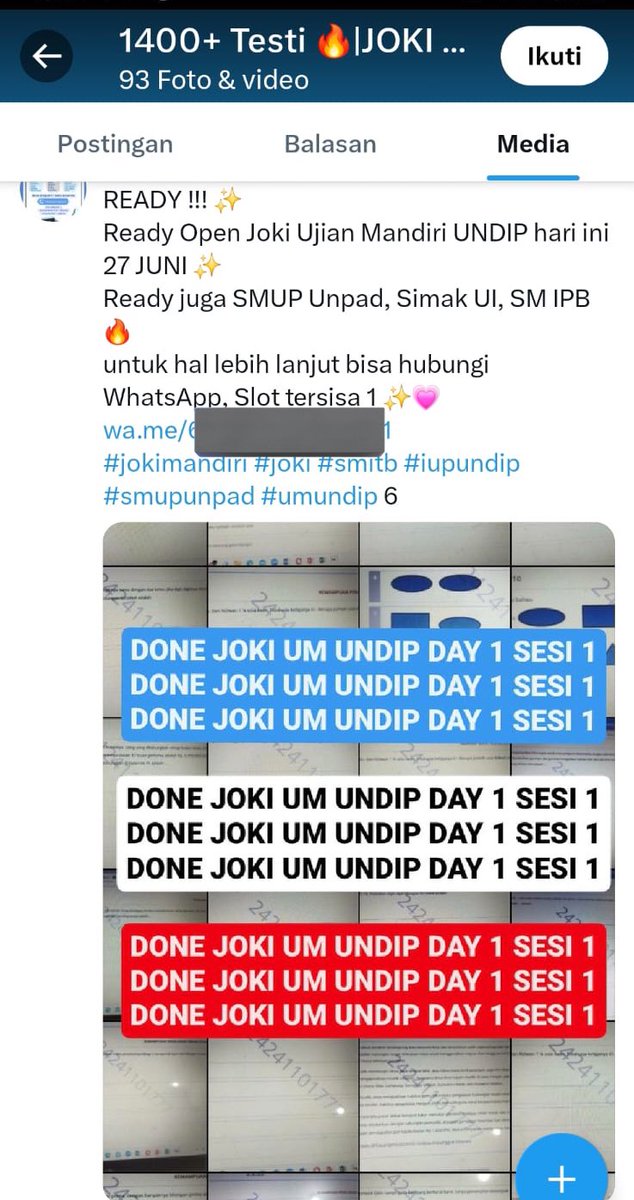sweetcarramel2's tweet photo. 🔥MENYALA JOKI UNDIP🔥

Nomor peserta : 
24241103302
24241101777

Sudah dipastikan tidak lolos UM UNDIP 2024, bayar joki mahal2 eh malah diumbar jokinya sendiri🤭😂

@undip 

#zonauang #snbt #zonajajan #undip #sbmptn #utbk #ambitwt #AMBISVERSE https://t.co/FCgttiqmgl