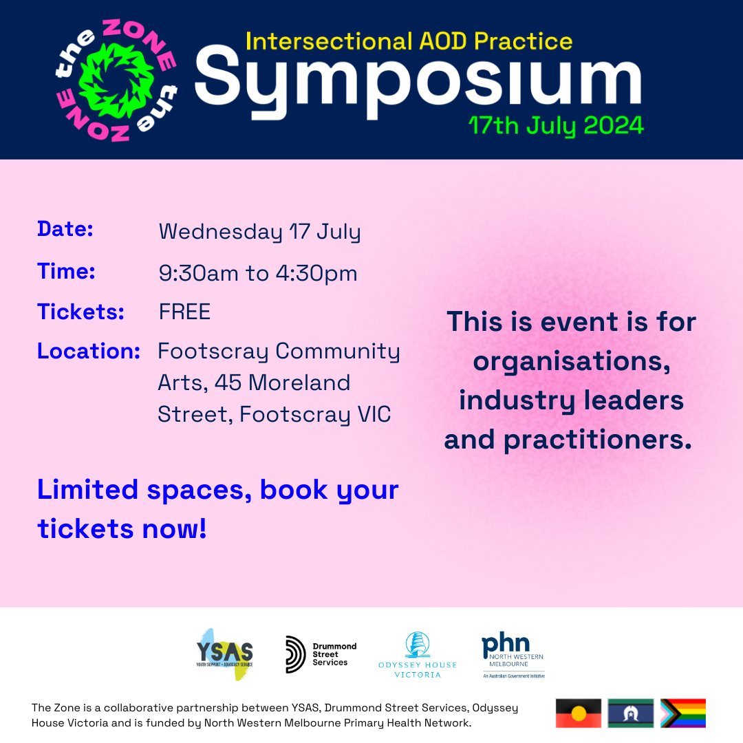 Working with young people and would like to enhance your practice with inclusive and intersectional AOD approaches? 

Join us at The Zone's Intersectional AOD Practice Symposium on the 17th of July!

Book your FREE ticket - thezone.org.au/symposium/
