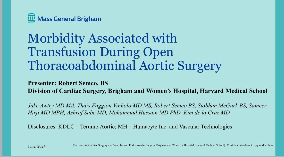 BrighamCardiac's tweet photo. Congratulations @RobertSemco for a great presentation at the @WTSA_Surgery! Congratulations to Jake Awtry and the rest of the team (@TFaggionVinholo, Siobhan McGurk, @Hirji1987, Ashraf Sabe, @ma_hussainMD, @AortaSurg) for this important study.

“Transfusion with 4 or more units of pRBCS in TAAA repair is associated with mortality and morbidity. Patients may benefit from preoperative optimization and less restrictive hemoglobin goals.”