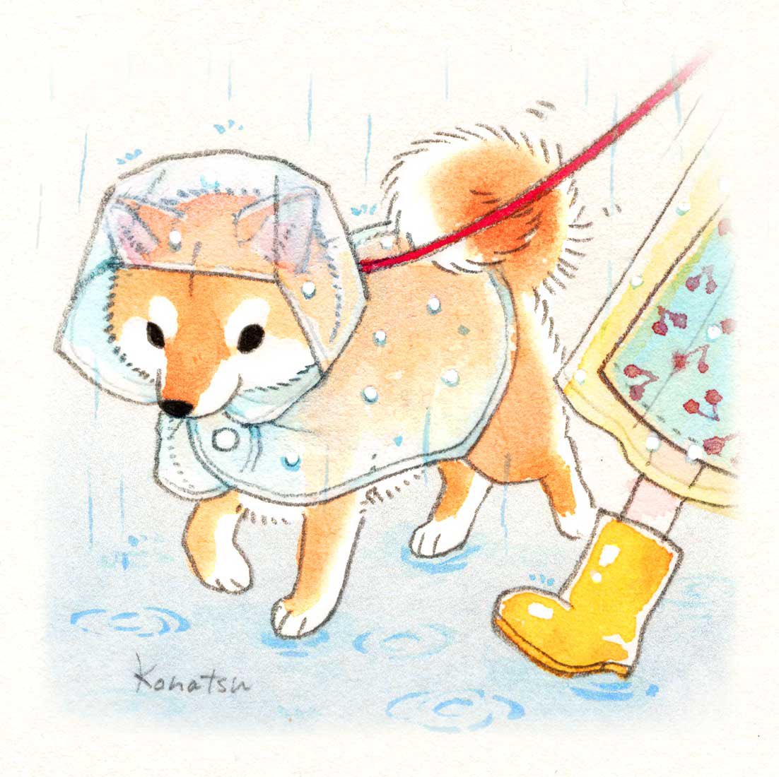 「雨の日にレインコート着て散歩してるワンちゃん可愛すぎる 」|こなつのイラスト
