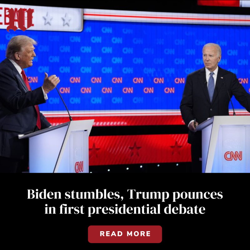 WashTimes's tweet photo. A calm and measured former President Trump leveled blows at President Biden’s job performance as Mr. Biden struggled at times to provide cogent answers as the two faced off in the first presidential debate.
