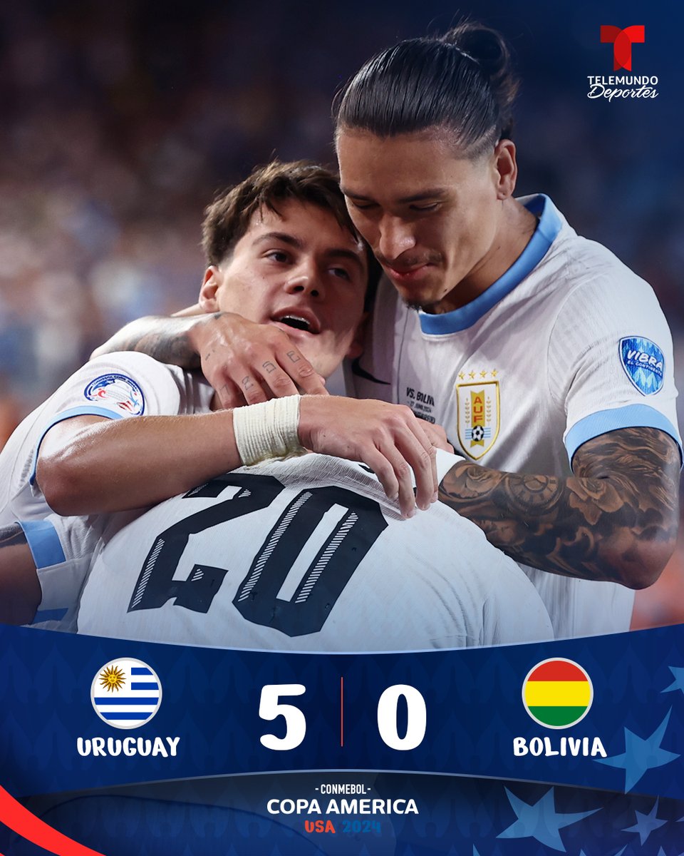 TelemundoSports's tweet photo. 🇺🇾 ¡URUGUAY DA EL GOLPE Y PIENSA EN LOS CUARTOS DE FINAL!

✅ Logró la mayor goleada de esta Copa América
⚽ Marcaron Pellistri, Núñez, Araújo, Valverde y Bentancur
😎 Darwin llegó a 7 juegos seguidos marcando con la Celeste

¿Vive su mejor momento el equipo de Bielsa? 💪 https://t.co/P9LLyCiyRx