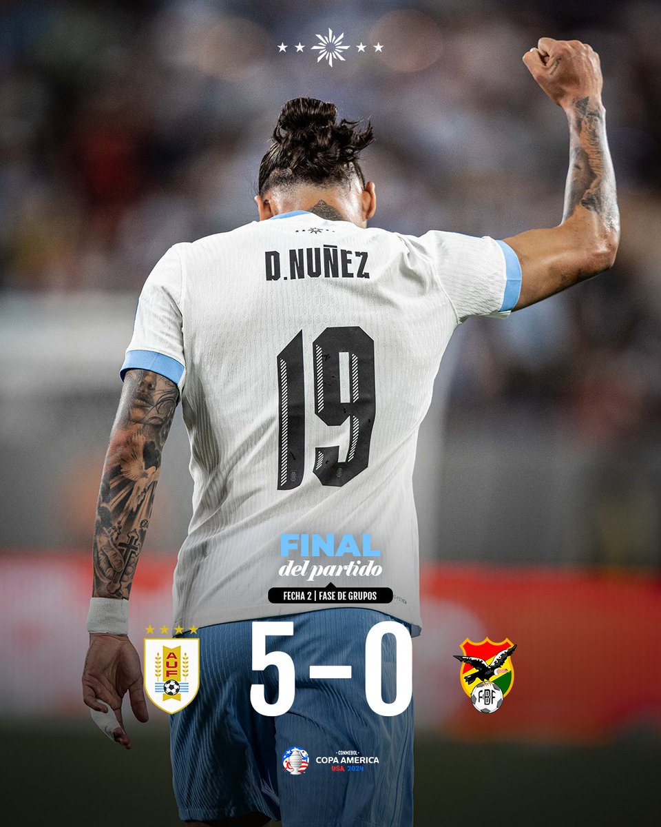 🇺🇾 ¡𝙂𝘼𝙉𝙊́ 𝙐𝙍𝙐𝙂𝙐𝘼𝙔!

<a href="/Uruguay/">Selección Uruguaya</a> 5-0 <a href="/laverde_fbf/">LA VERDE 🇧🇴</a> 

⚽ Facundo Pellistri, Darwin Núñez, Maximiliano Araújo, Federico Valverde y Rodrigo Bentancur

📌 <a href="/CopaAmerica/">CONMEBOL Copa América™️</a>

📺 AUF.tv

#ElEquipoQueNosUne