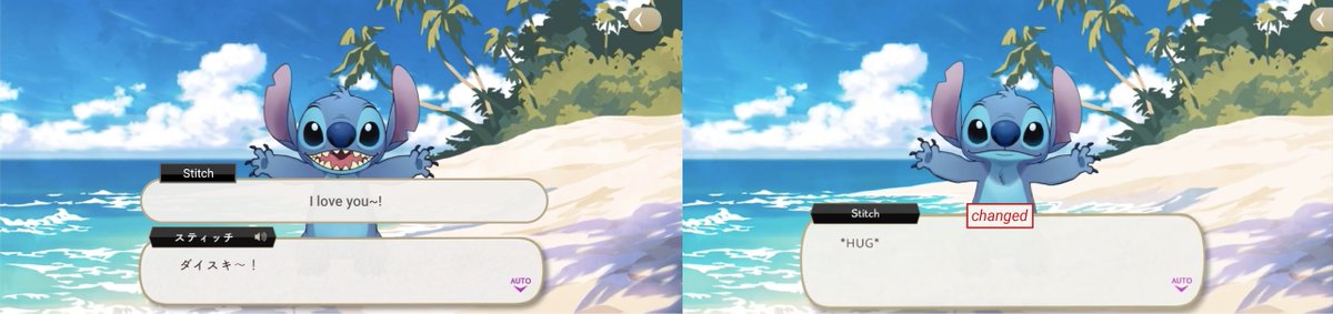 YuuRei20's tweet photo. Stitch Event Dialogue Comparison #twstdialogue

Stitch's original line is "大好き！" which is close to liking something a lot, or to love something. 

Removed from EN, it was changed to "*HUG*."
1/8 https://t.co/jle8gKnA9a