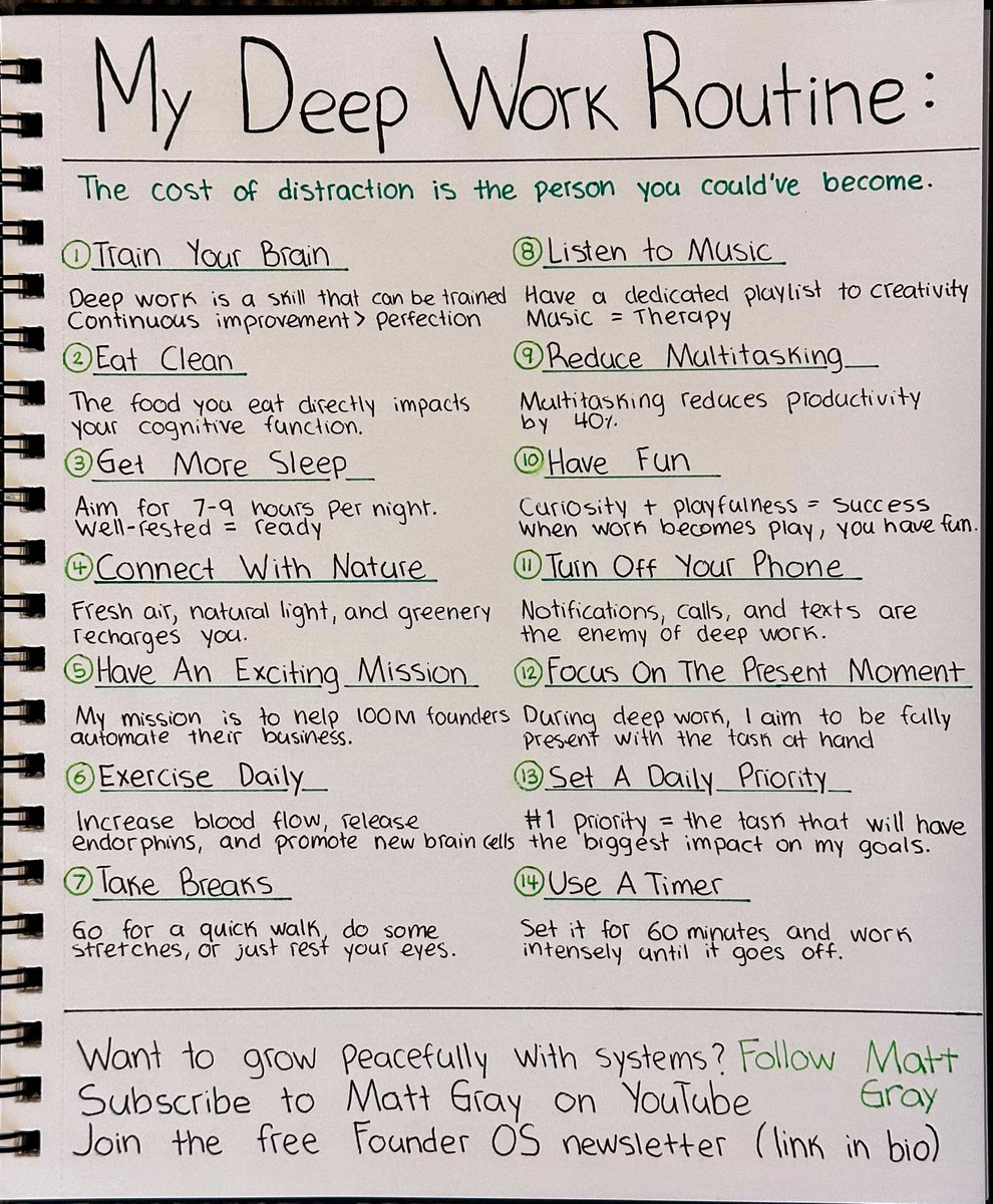 matt_gray_'s tweet photo. The cost of distraction is the person you could’ve become.

If you suffer from distraction, read this. 

My Deep Work routine: https://t.co/jJMCoibO06