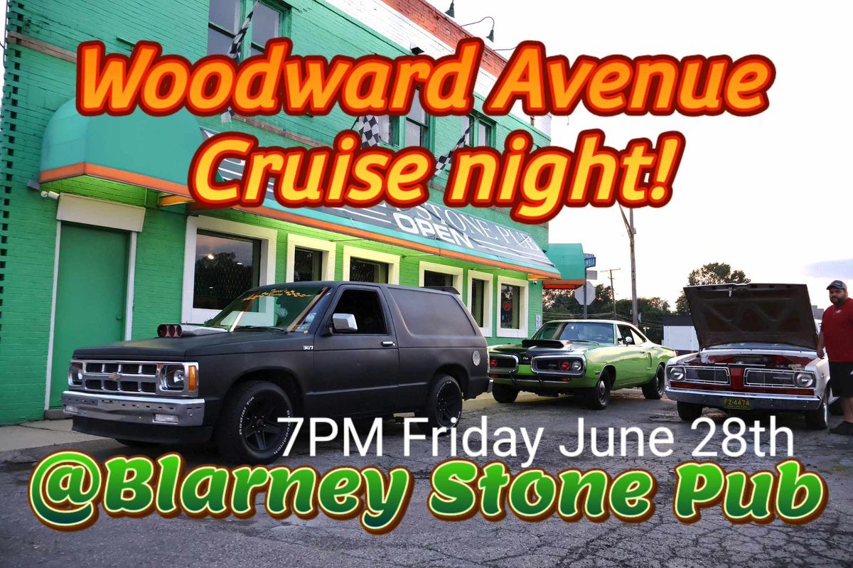BlarneyStonePub's tweet photo. Woodward Avenue is heating up! Stop in for a bite to eat and cruise after.
North lot, June 28th, Friday, 7PM. 27253 Woodward Ave, Berkley, MI 48072
Blarney Stone Pub #cruisewoodward #twistedaxlecarclub https://t.co/EV5vcVCl4W
