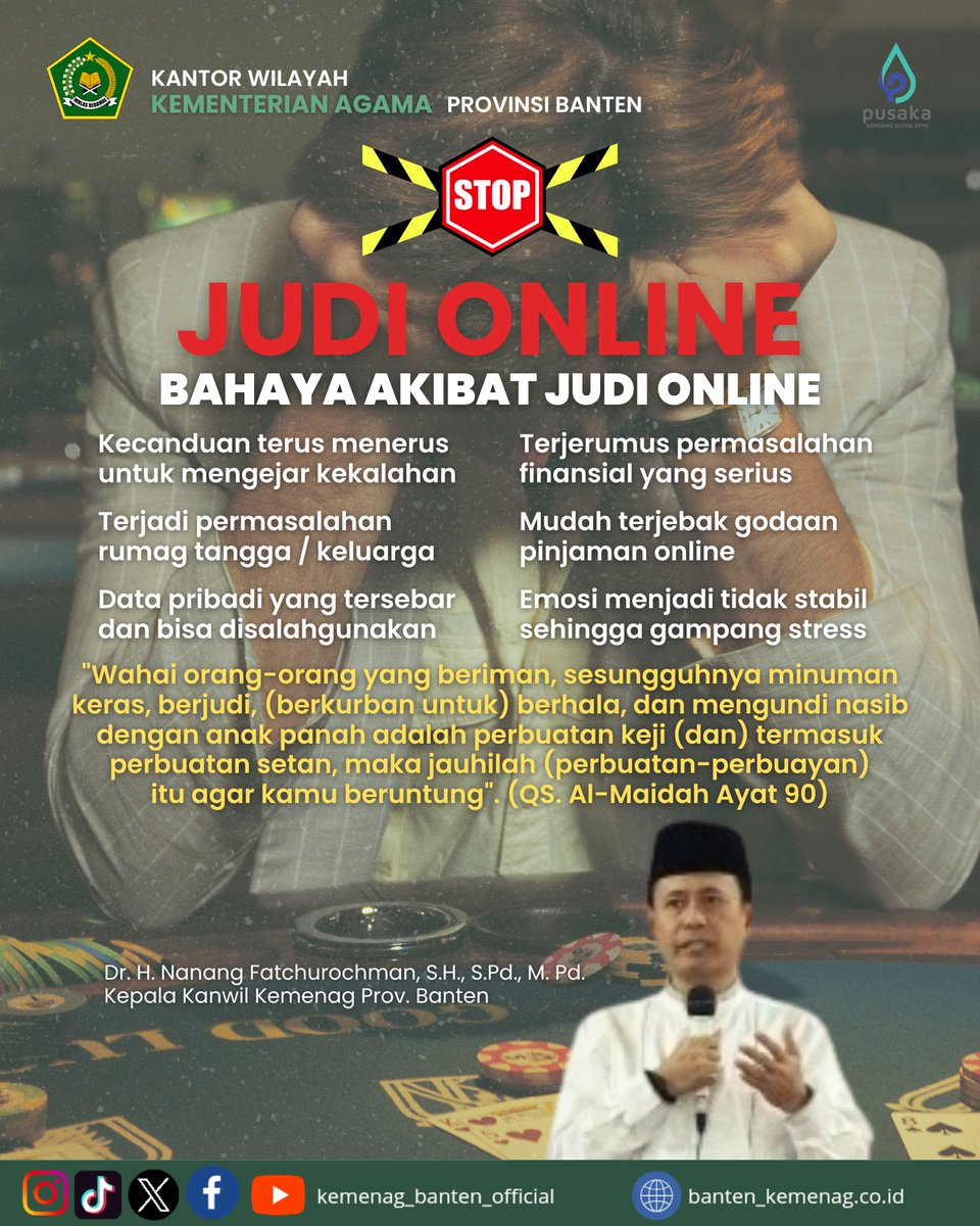 Nafaroch's tweet photo. STOP JUDI ONLINE!
Saya menghimbau kepada seluruh ASN khususnya di lingkungan Kanwil Kemenag Provinsi Banten agar memiliki tanggung jawab untuk memberikan contoh yang baik kepada masyarakat. https://t.co/xPSQuIddSI
