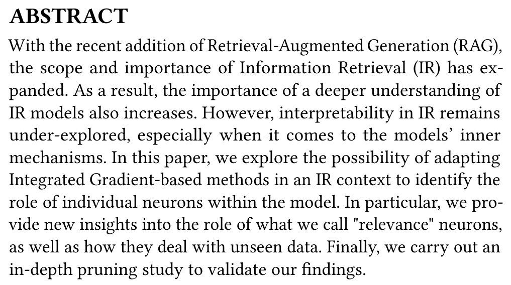 _reachsumit's tweet photo. Which Neurons Matter in IR? Applying Integrated Gradients-based Methods to Understand Cross-Encoders

Adapts Integrated Gradient methods to interpret MonoBERT for IR, identifying specific neurons responsible for relevance assessment and OOD handling.

📝https://t.co/zX7t0GkAuI https://t.co/sDBYTdHUw3